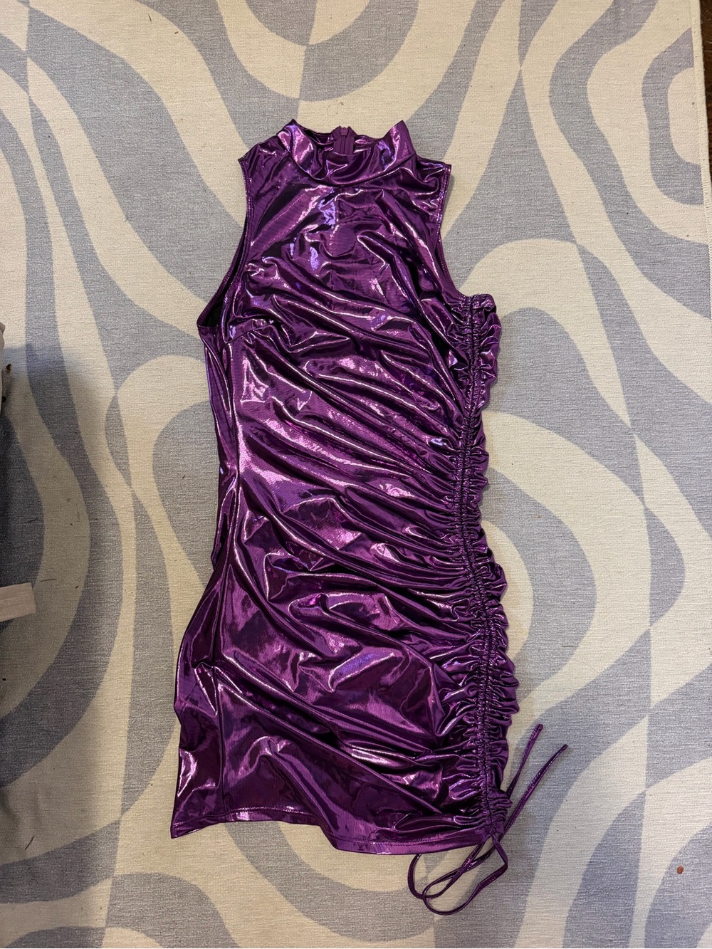 Metallic Neon Purple Ruched Tight Sleeveless Mini Party and Festival Dress